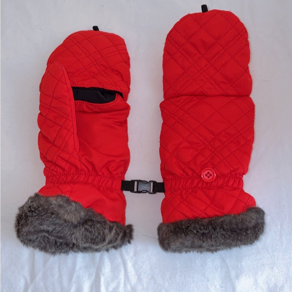 Eddie Bauer Red Quilted Mittens (fingers optional) with Faux Fur Trim